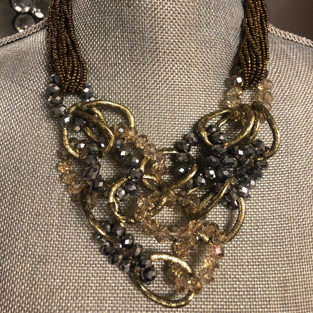 Grey & Gold Beaded Cluster Necklace